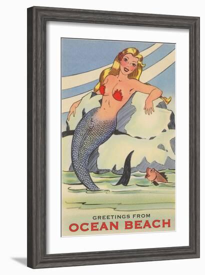 Mermaid with Greetings from Ocean Beach, San Diego-null-Framed Art Print