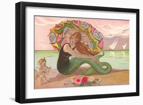 Mermaid with Parasol and Cupid-null-Framed Art Print