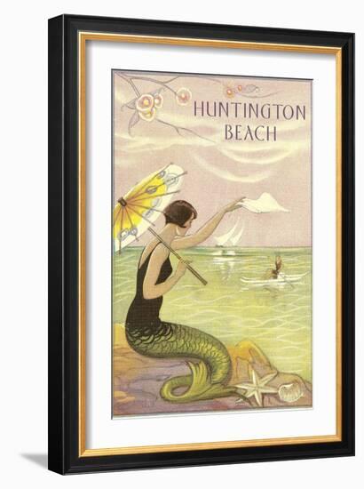 Mermaid with Parasol, Huntington Beach, California-null-Framed Art Print