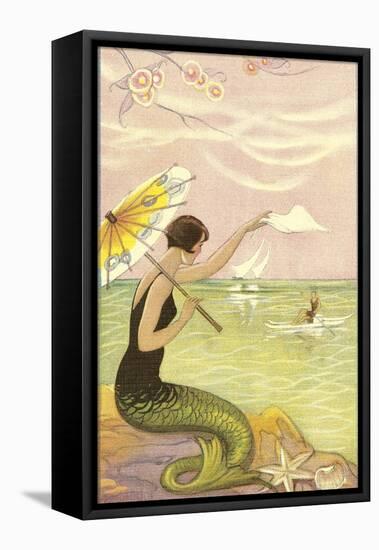 Mermaid with Parasol Waving to Rower-null-Framed Stretched Canvas