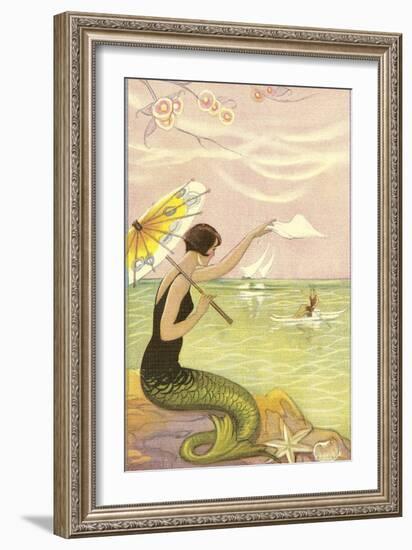 Mermaid with Parasol Waving to Rower-null-Framed Art Print