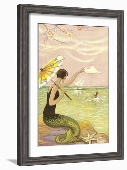 Mermaid with Parasol Waving to Rower-null-Framed Art Print