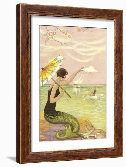 Mermaid with Parasol Waving to Rower-null-Framed Art Print