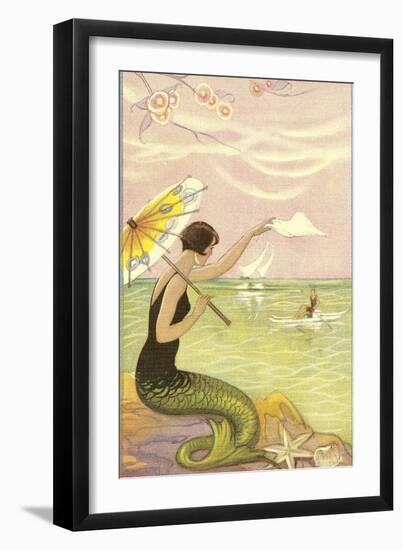 Mermaid with Parasol Waving to Rower-null-Framed Art Print