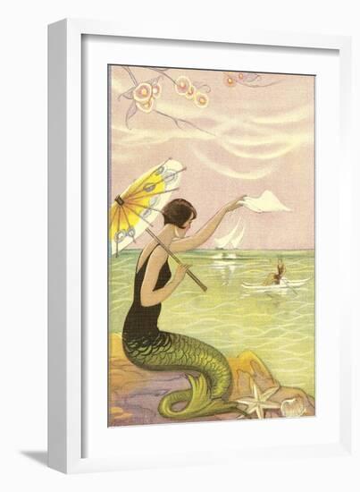 Mermaid with Parasol Waving to Rower-null-Framed Art Print