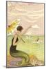Mermaid with Parasol Waving to Rower-null-Mounted Art Print