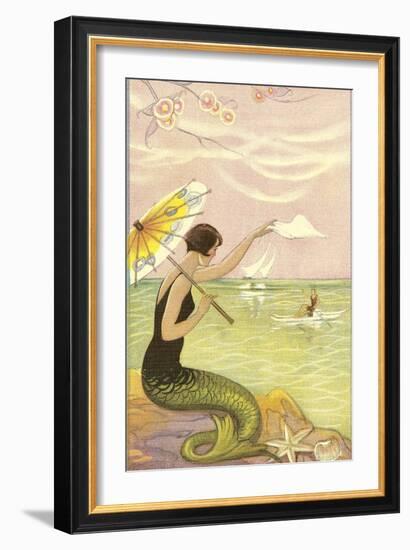 Mermaid with Parasol Waving to Rower-null-Framed Art Print