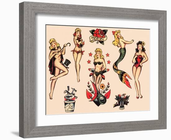 Mermaids and Dancers, Authentic Mid-Century Tattoo Flash by Norman Collins, aka, Sailor Jerry-Piddix-Framed Art Print