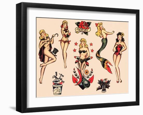 Mermaids and Dancers, Authentic Mid-Century Tattoo Flash by Norman Collins, aka, Sailor Jerry-Piddix-Framed Art Print