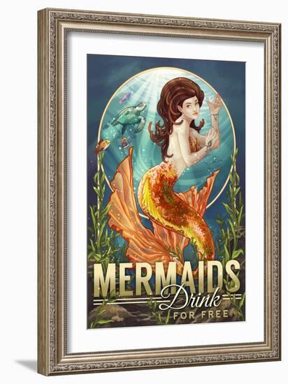Mermaids Drink for Free-Lantern Press-Framed Premium Giclee Print