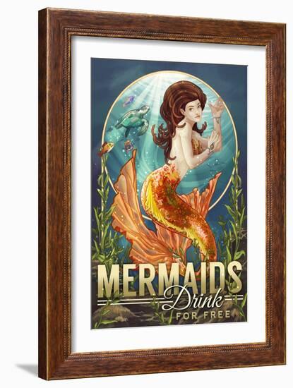 Mermaids Drink for Free-Lantern Press-Framed Premium Giclee Print