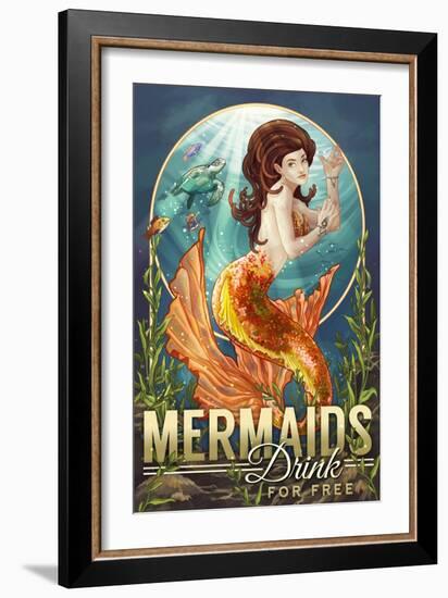 Mermaids Drink for Free-Lantern Press-Framed Premium Giclee Print