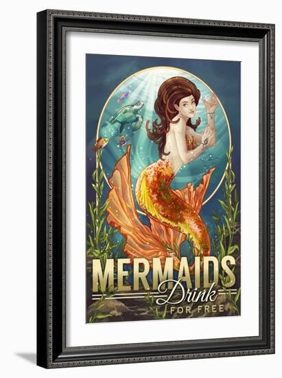 Mermaids Drink for Free-Lantern Press-Framed Premium Giclee Print