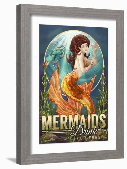 Mermaids Drink for Free-Lantern Press-Framed Art Print