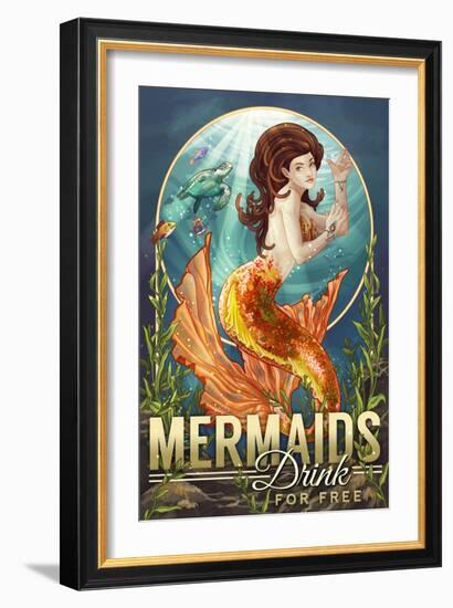 Mermaids Drink for Free-Lantern Press-Framed Art Print