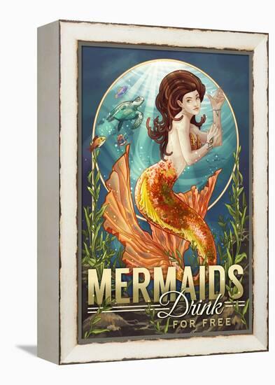 Mermaids Drink for Free-Lantern Press-Framed Stretched Canvas