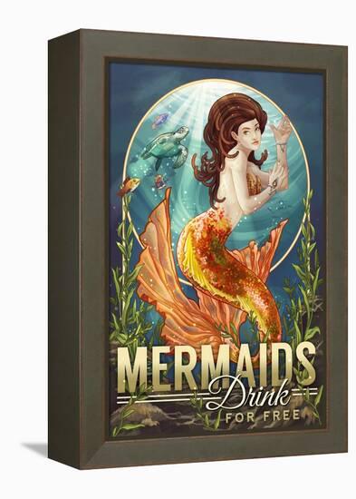 Mermaids Drink for Free-Lantern Press-Framed Stretched Canvas