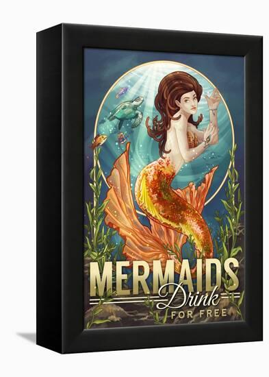 Mermaids Drink for Free-Lantern Press-Framed Stretched Canvas