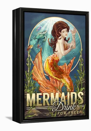 Mermaids Drink for Free-Lantern Press-Framed Stretched Canvas