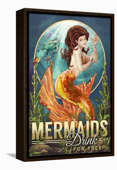 Mermaids Drink for Free-Lantern Press-Framed Stretched Canvas