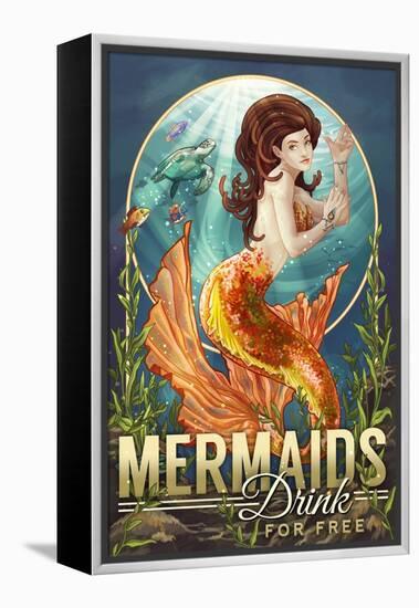 Mermaids Drink for Free-Lantern Press-Framed Stretched Canvas