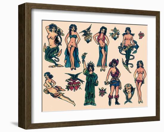 Mermaids & Ladies  Authentic Mid-Century Tattoo Flash-null-Framed Art Print