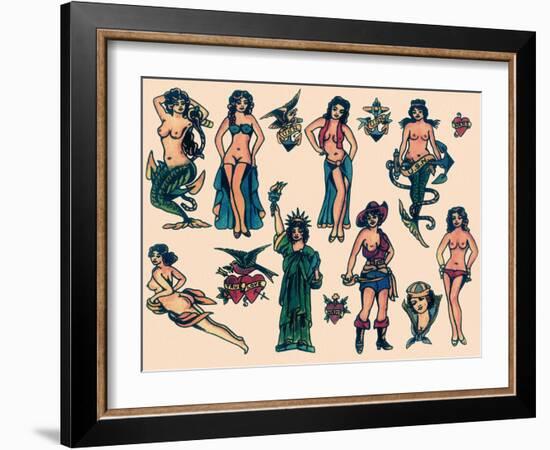 Mermaids & Ladies  Authentic Mid-Century Tattoo Flash-null-Framed Art Print