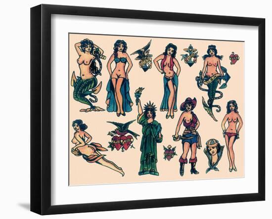 Mermaids & Ladies  Authentic Mid-Century Tattoo Flash-null-Framed Art Print