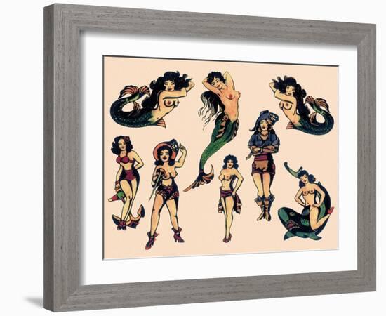 Mermaids & Pirates Vintage Mid-Century Tattoo Flash-null-Framed Art Print