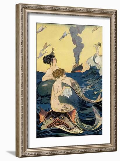 Mermaids Watching Ocean Liner-null-Framed Premium Giclee Print