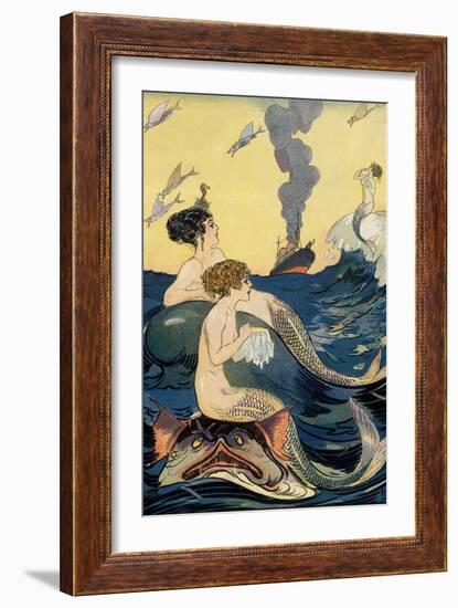 Mermaids Watching Ocean Liner-null-Framed Premium Giclee Print