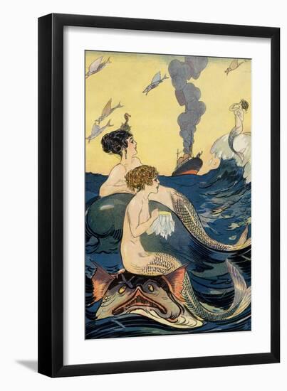 Mermaids Watching Ocean Liner-null-Framed Premium Giclee Print