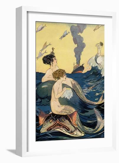 Mermaids Watching Ocean Liner-null-Framed Premium Giclee Print