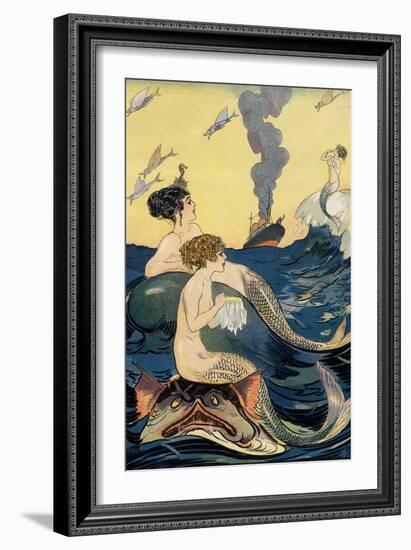 Mermaids Watching Ocean Liner-null-Framed Premium Giclee Print