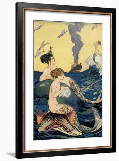 Mermaids Watching Ocean Liner-null-Framed Art Print