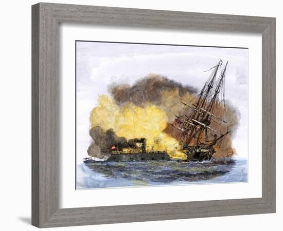Merrimac, a Confederate Ironclad Ship, Rams the USS Cumberland during the American Civil War-null-Framed Giclee Print