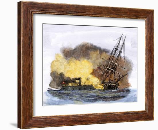 Merrimac, a Confederate Ironclad Ship, Rams the USS Cumberland during the American Civil War-null-Framed Giclee Print