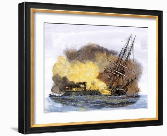 Merrimac, a Confederate Ironclad Ship, Rams the USS Cumberland during the American Civil War-null-Framed Giclee Print