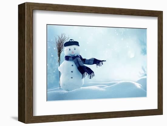 Merry Christmas and Happy New Year Greeting Card with Copy-Space.Happy Snowman Standing in Winter C-lilkar-Framed Photographic Print
