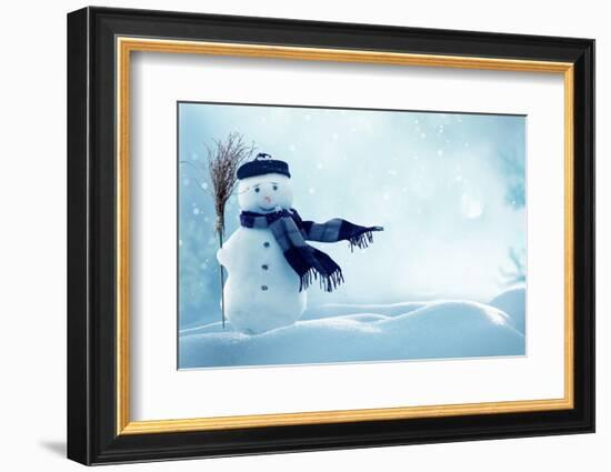 Merry Christmas and Happy New Year Greeting Card with Copy-Space.Happy Snowman Standing in Winter C-lilkar-Framed Photographic Print