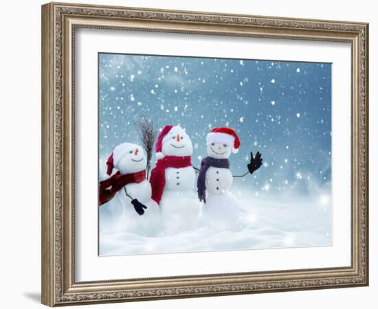 Merry Christmas and Happy New Year Greeting Card with Copy-Space.Many Snowmen Standing in Winter Ch-lilkar-Framed Photographic Print