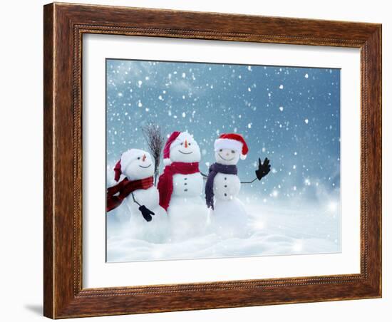 Merry Christmas and Happy New Year Greeting Card with Copy-Space.Many Snowmen Standing in Winter Ch-lilkar-Framed Photographic Print