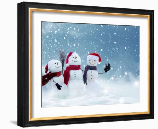 Merry Christmas and Happy New Year Greeting Card with Copy-Space.Many Snowmen Standing in Winter Ch-lilkar-Framed Photographic Print