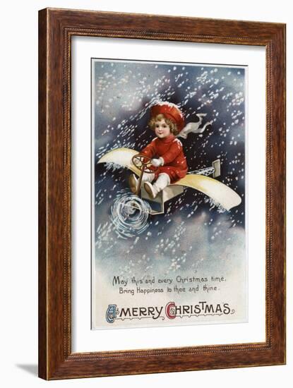 Merry Christmas - Boy Flying Make-Shift Airplane-Lantern Press-Framed Art Print