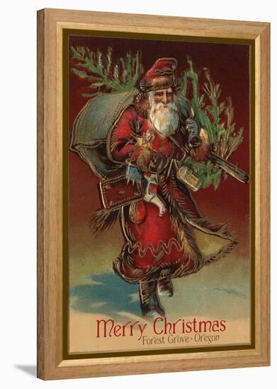 Merry Christmas from Forest Grove, Oregon - Santa with Gifts-Lantern Press-Framed Stretched Canvas