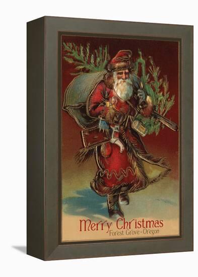 Merry Christmas from Forest Grove, Oregon - Santa with Gifts-Lantern Press-Framed Stretched Canvas