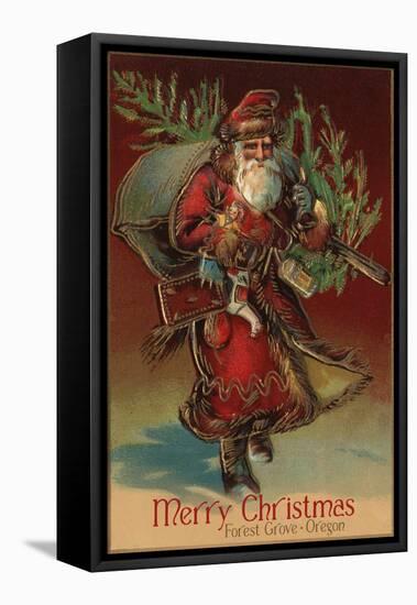 Merry Christmas from Forest Grove, Oregon - Santa with Gifts-Lantern Press-Framed Stretched Canvas