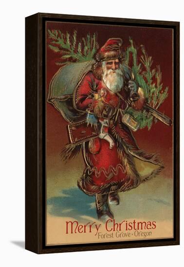 Merry Christmas from Forest Grove, Oregon - Santa with Gifts-Lantern Press-Framed Stretched Canvas