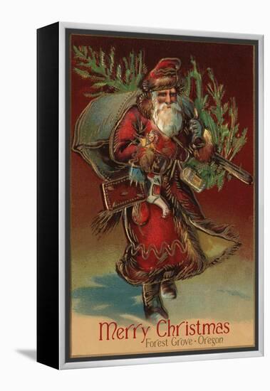 Merry Christmas from Forest Grove, Oregon - Santa with Gifts-Lantern Press-Framed Stretched Canvas