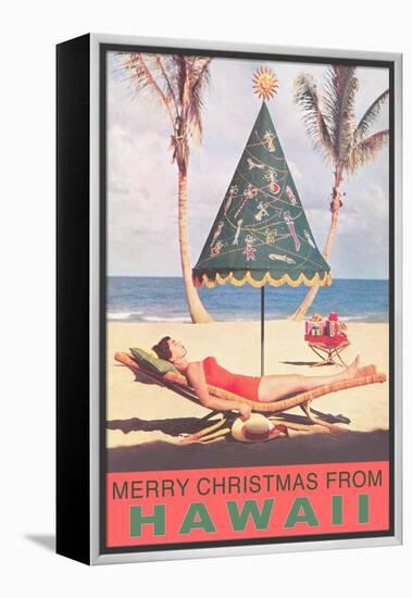 Merry Christmas from Hawaii, Conical Umbrella on Beach-null-Framed Stretched Canvas